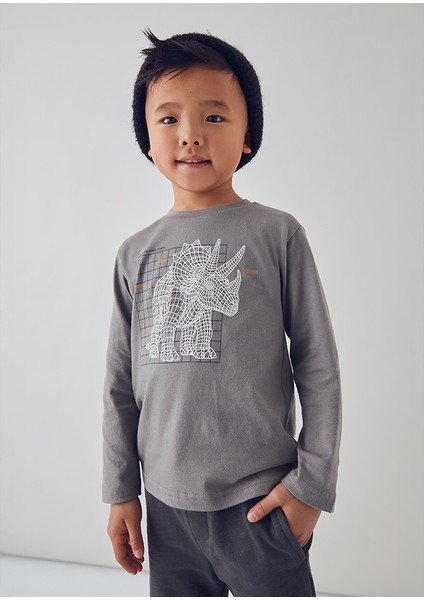 4-10 Yaş Arası Baskılı Uzun Kollu T-Shırt - Gri