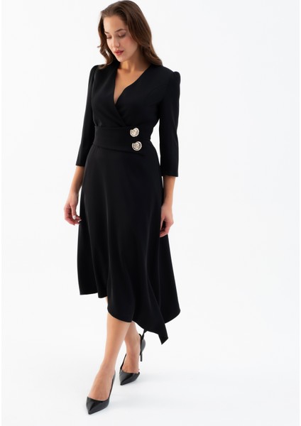 Kadın Siyah Kemer Detay Saten Davet Elbisesi