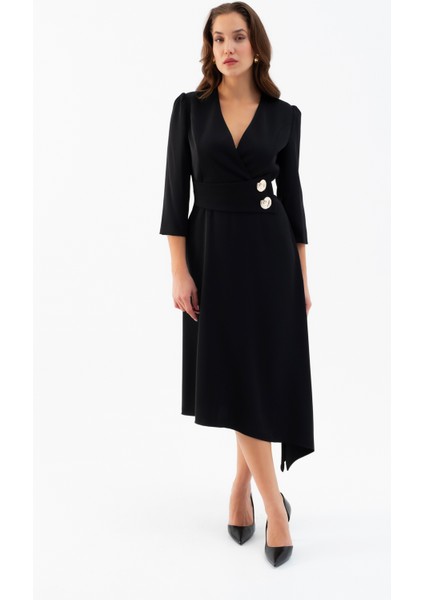 Kadın Siyah Kemer Detay Saten Davet Elbisesi modelleri