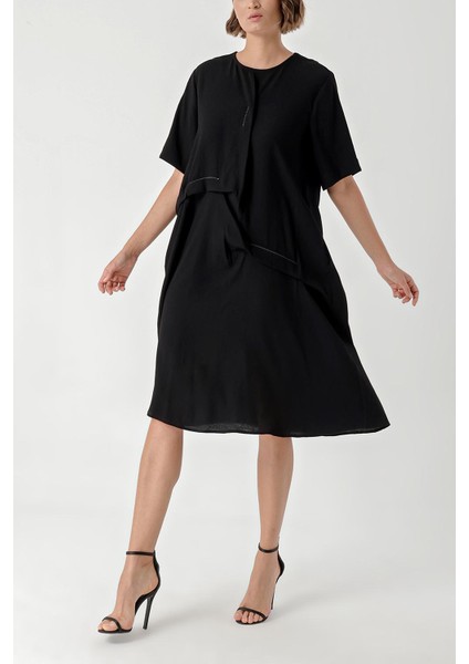 Siyah Kontrast Dikiş Detaylı Bol Kesim Elbise 94277