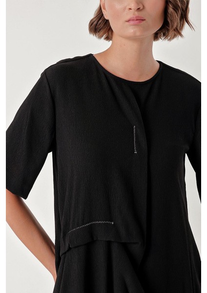 Siyah Kontrast Dikiş Detaylı Bol Kesim Elbise 94277 indirimleri