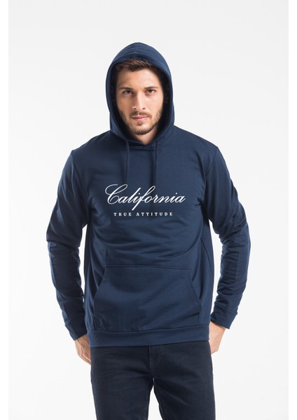 Erkek Kapşonlu Rahat Kalıp Ince El Yazılı Californıa Baskılı Swetashırt SPR24SW121
