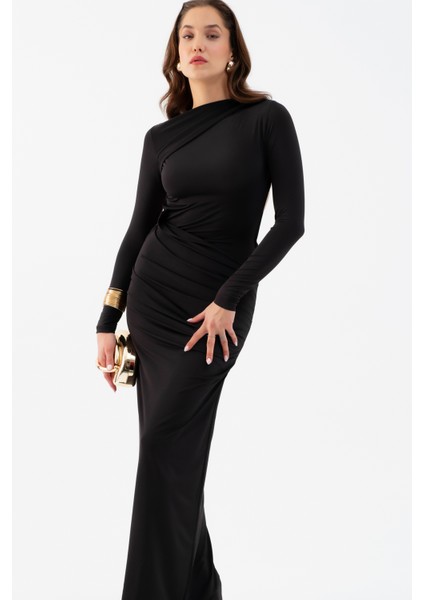 Kadın Siyah Sırt Dekolteli Uzun Örme Elbise modelleri