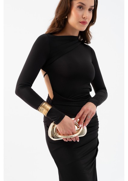 Kadın Siyah Sırt Dekolteli Uzun Örme Elbise fırsatları