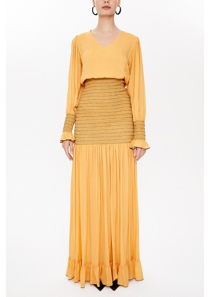 Hardal Süs Dikişli Uzun Elbise 92920