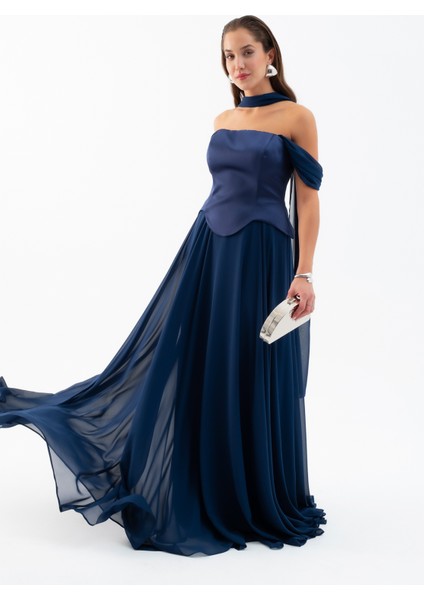 Kadın Lacivert Şal Yaka Straplez Söz Nişan Abiye Elbise