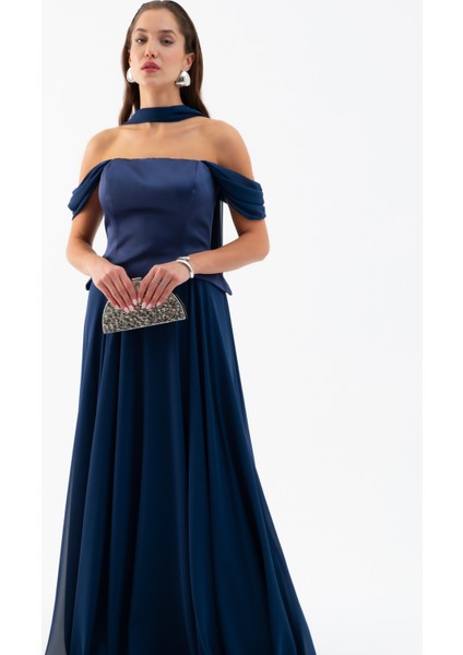 Kadın Lacivert Şal Yaka Straplez Söz Nişan Abiye Elbise fiyatları