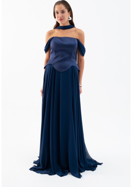 Kadın Lacivert Şal Yaka Straplez Söz Nişan Abiye Elbise modelleri