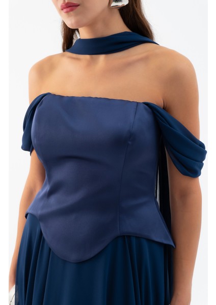 Kadın Lacivert Şal Yaka Straplez Söz Nişan Abiye Elbise fırsatları