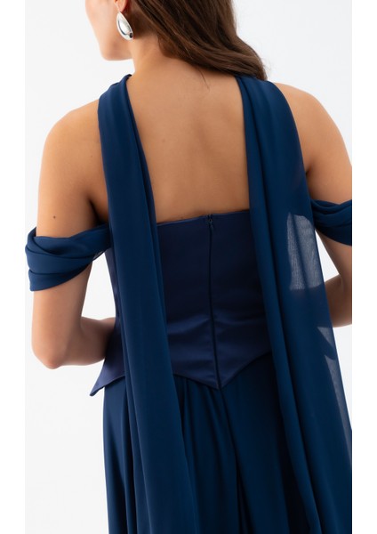 Kadın Lacivert Şal Yaka Straplez Söz Nişan Abiye Elbise indirimleri