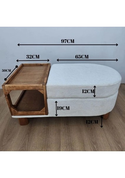 Sandıklı Bohem Ahşap Ayaklı Puf /bench ,yan Ahşap Sehpalı Beyaz Sandıklı Puf ,keten Kumaş Puf