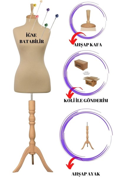 Yatay ve Dikey Iğne Batabilen Süngerli Terzi Prova Mankeni (36-38-40-42-44-46 Beden) Po-01