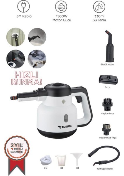 1500W Buharlı Temizleyici, 8 Aparat, Çok Amaçlı Ev ve Araç Temizliği