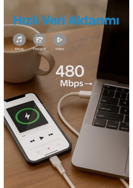 BA-01 Type-C Lightning Beyaz Hızlı Şarj Data Kablosu 27W 1.2m