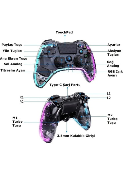 Playstation 4 Rgb LED Işıklı Kablosuz Joystick Gamepad Oyun Kolu