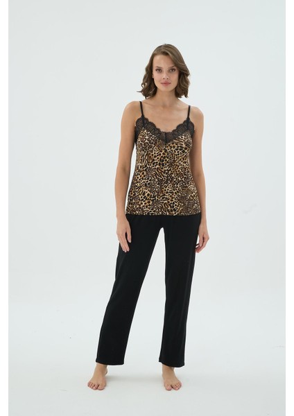 Kadın Leopar Desenli Ince Askılı Dantel Detaylı Siyah Alt Pijama Takımı C1T2N371