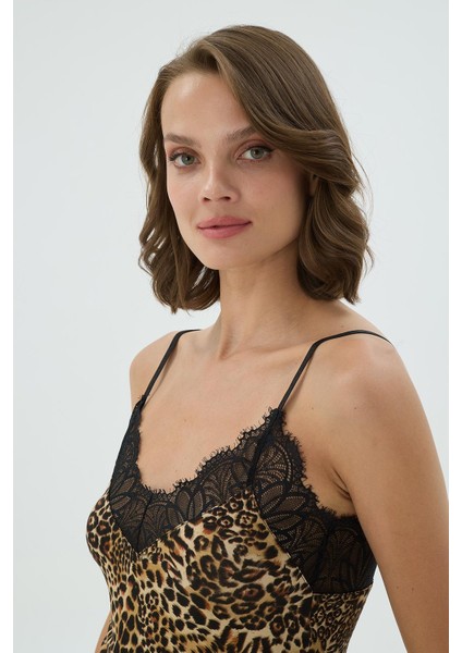 Kadın Leopar Desenli Ince Askılı Dantel Detaylı Siyah Alt Pijama Takımı C1T2N371 modelleri