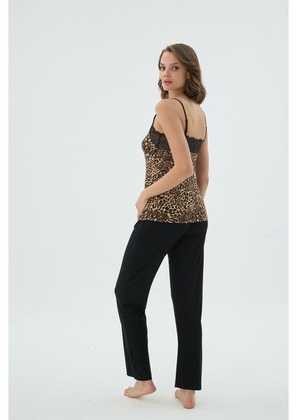 Kadın Leopar Desenli Ince Askılı Dantel Detaylı Siyah Alt Pijama Takımı C1T2N371 fırsatları