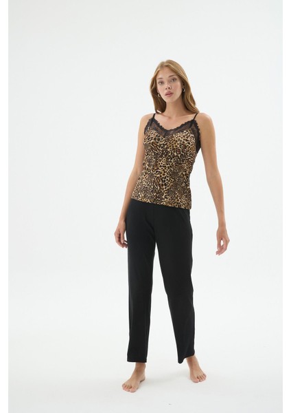 Kadın Leopar Desenli Ince Askılı Dantel Detaylı Siyah Alt Pijama Takımı C1T2N371 indirimleri