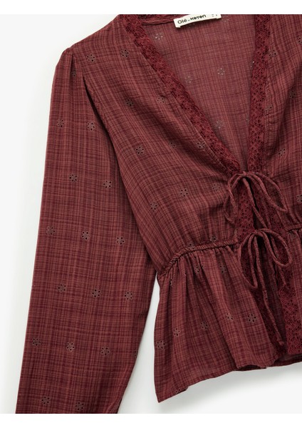 Uzun Kollu V Yaka Viskon Karışımlı Bağcıklı Fisto Bluz indirimleri