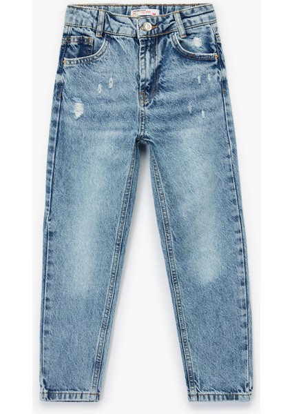 Cep Detaylı Yıpratılmış Detaylı Mom Fit Pamuklu Denim Pantolon