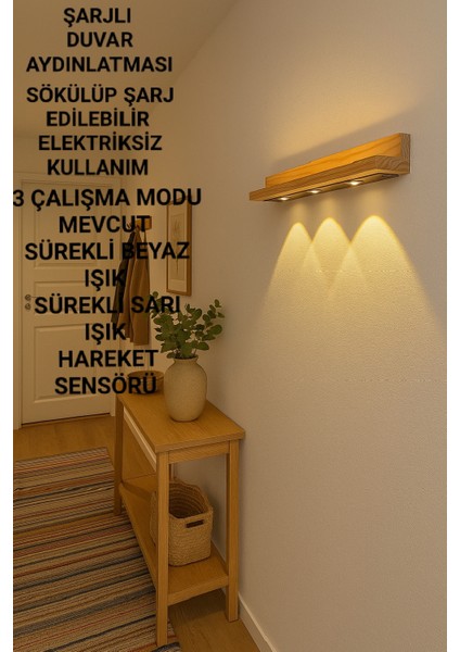 Masif Ahşap Aplik Şarjlı Duvar Aydınlatması
