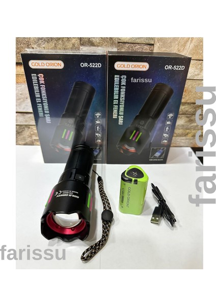 OR-522D Şarj Edilebilir Çok Fonksiyonlu El Feneri - Yüksek Kapasiteli 9000 Mah Batarya, 4 Farklı Mod