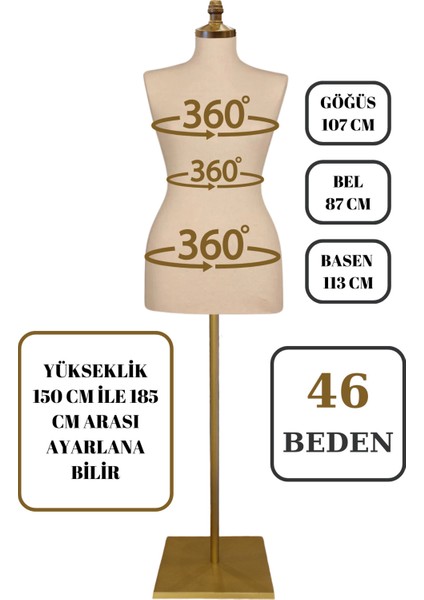 46 Beden Iğne Batabilen Terzi Mankeni Prova Mankeni Sünger Manken Gold Ayaklı Krem Kumaş Po-01 fırsatları