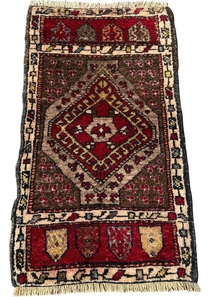 El Dokuma Küçük Kars Halısı 48X90 Kahve Kırmızı Kök Boya Yastık Halı Kahverengi