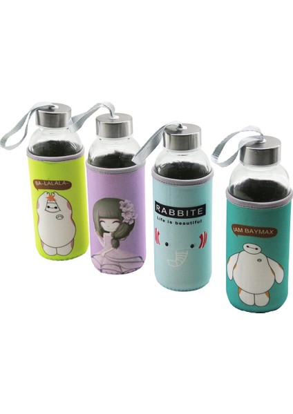 Cam Şişe Matara Suluk Resimli Bez Kılıflı - Taşıma Ipli 420ML Krom Kaplama Pls.kapak (5263)