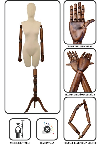 42 Beden Pinokyo Ahşap Kollu Kumaş Kafalı Vitrin Mankeni Terzi Mankeni