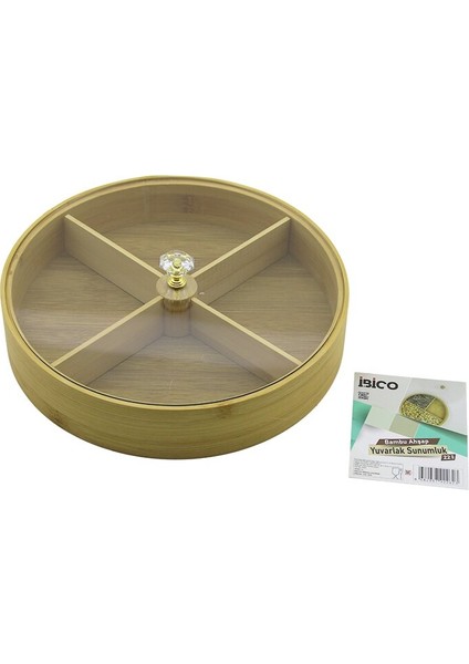 Yuvarlak 4 Bölmeli=2ın1=bölmesiz Çok Amaçlı Kutu Ahşap Bambu Servis Sunum Tepsi - Tahtası 22CM (5263)