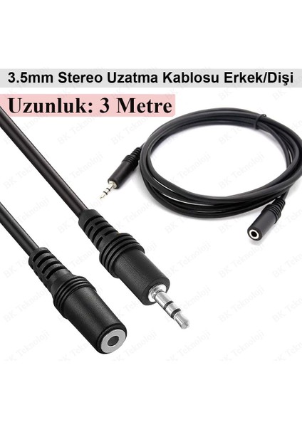 3.5 mm Stereo Aux Ses Uzatma Kablosu Erkek - Dişi 3 Metre