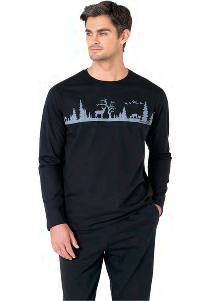 6104 Erkek Siyah Uzun Kollu Bisiklet Yaka Pijama Takımı