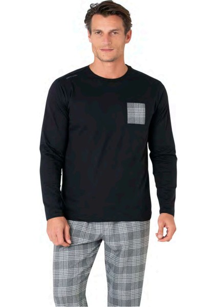 6107 Erkek Siyah Uzun Kollu Bisiklet Yaka Pijama Takımı