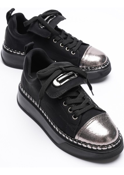 Kadın Nubuk Sneaker Spor Ayakkabı Platin Detaylı Siyah Glorina