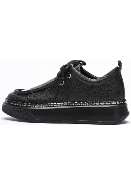 Kadın Deri Sneaker Spor Ayakkabı Platin Detaylı Bağcıklı Siyah Vina fiyatları