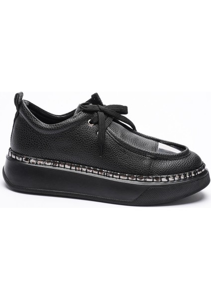 Kadın Deri Sneaker Spor Ayakkabı Platin Detaylı Bağcıklı Siyah Vina modelleri