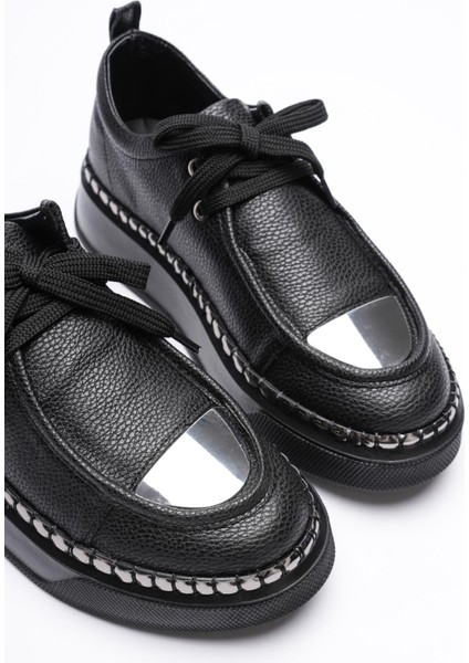 Kadın Deri Sneaker Spor Ayakkabı Platin Detaylı Bağcıklı Siyah Vina fırsatları