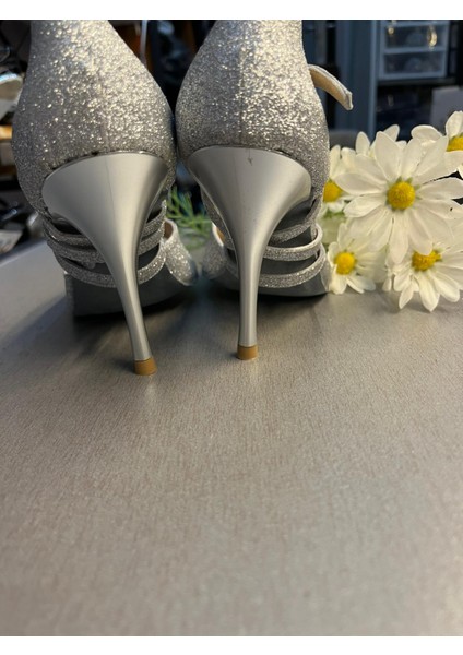 Gümüş Simli 8,5 cm 13 Pont Kapalı Topuk Tango, Dans ve Salon Ayakkabısı El Emeği Özel Seri Üretim