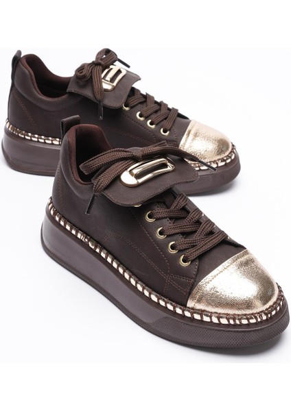 Kadın Nubuk Sneaker Spor Ayakkabı Gold Detaylı Kahve Glorina