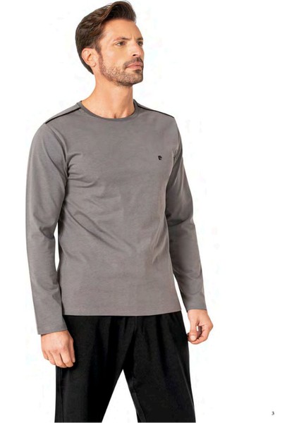 6100 Erkek Gri Uzun Kollu Bisiklet Yaka Pijama Takımı