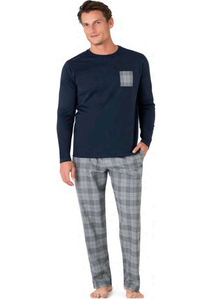 6107 Erkek Lacivert Uzun Kollu Bisiklet Yaka Pijama Takımı