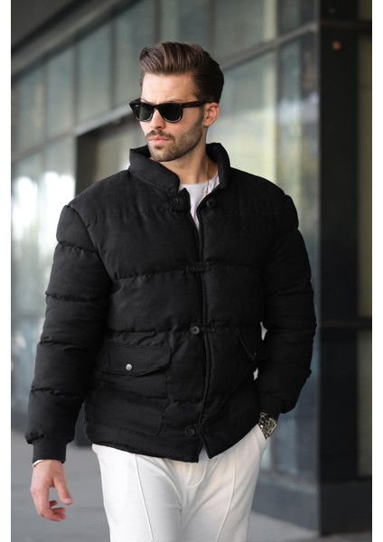 Siyah Düğmeli Dik Yaka Erkek Şişme Mont E7435