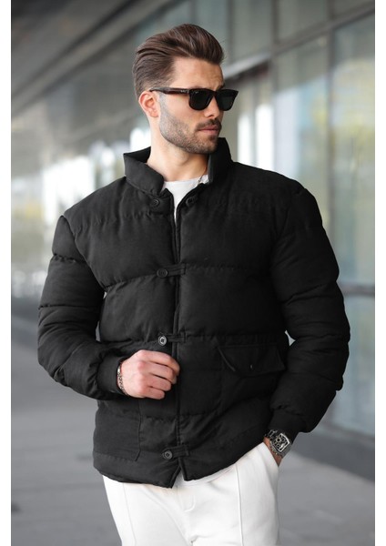 Siyah Düğmeli Dik Yaka Erkek Şişme Mont E7435 fırsatları