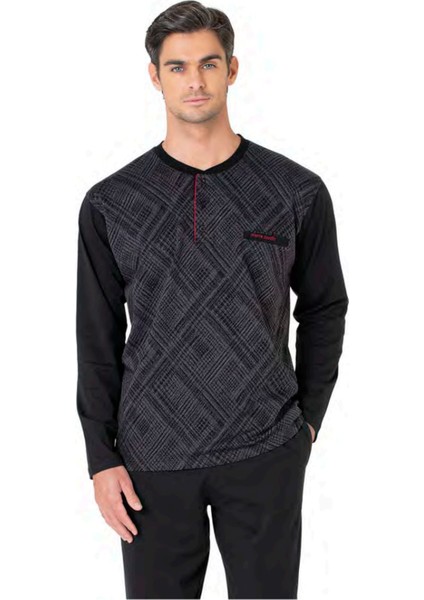 6108 Erkek Siyah Uzun Kollu Yakası Düğmeli Pijama Takım