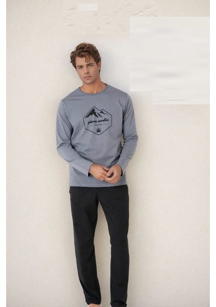 6097 Erkek Gri Uzun Kollu Bisiklet Yaka Pijama Takımı