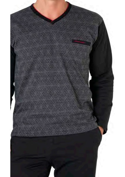 6110 Erkek Siyah Kuzun Kollu V Yaka Pijama Takımı