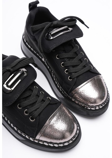 Kadın Nubuk Sneaker Spor Ayakkabı Platin Detaylı Siyah Glorina fırsatları