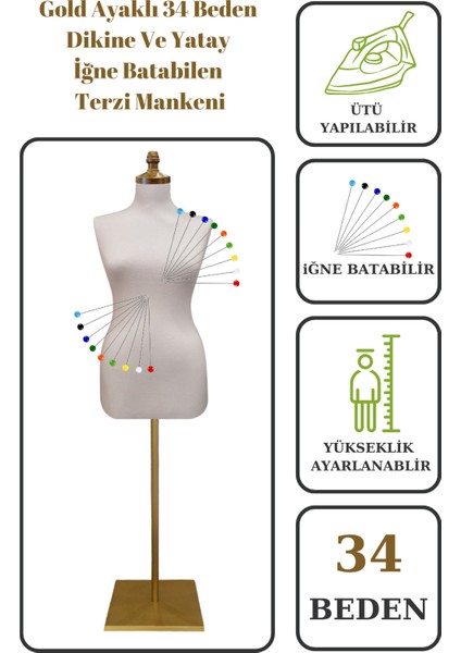 34 Beden Iğne Batabilen Terzi Mankeni Prova Mankeni Sünger Manken Gold Ayaklı Beyaz Kumaş Po-01